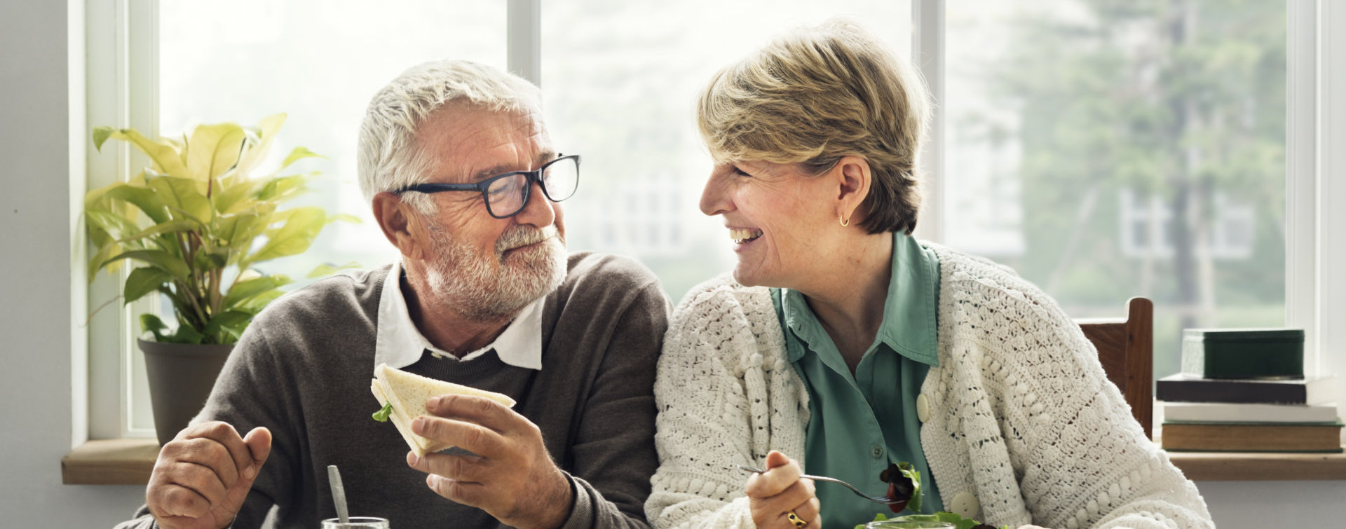 elderly couple talking